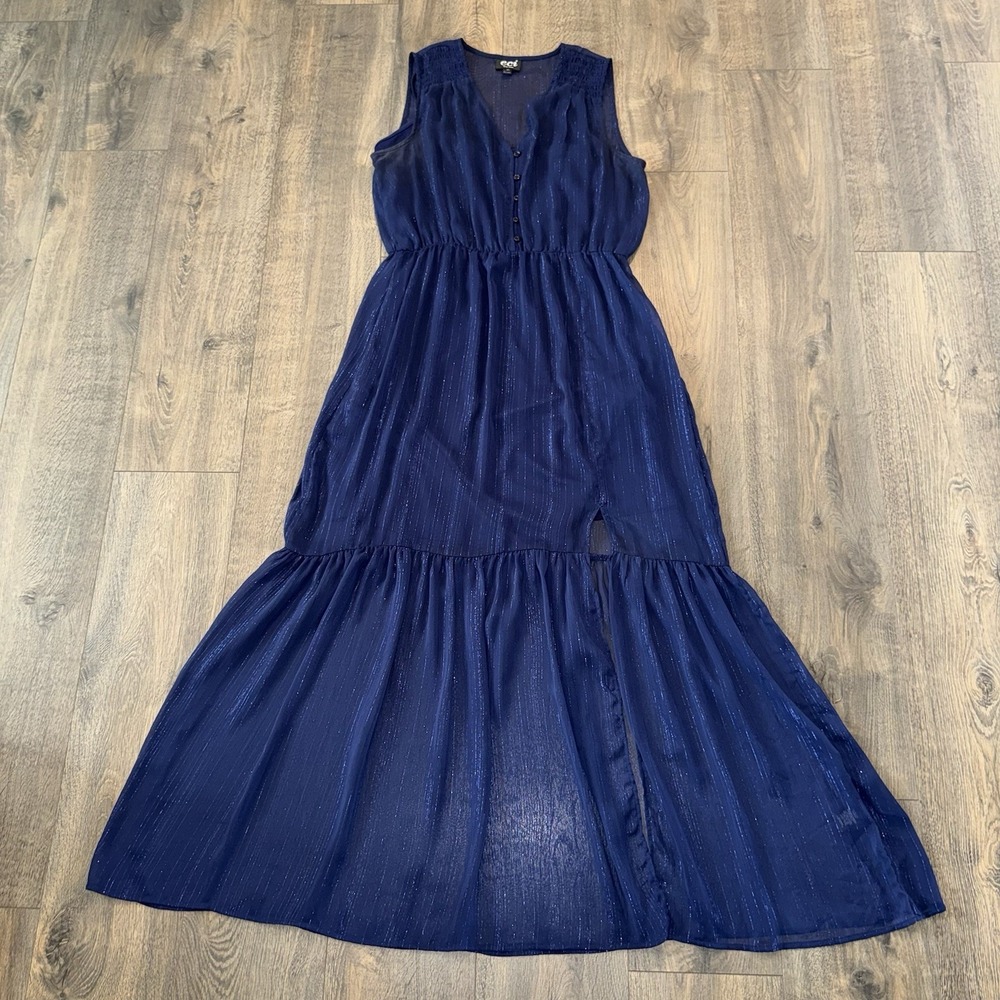 Eci NY Sheer Maxi Dress Women XL Blue V-neck Sleeveless Glittery Wedding Party